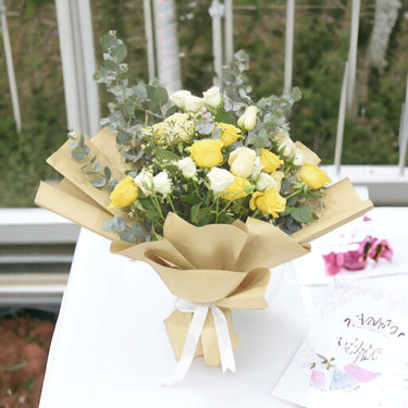 Sunlit Symphony Bouquet, Classic Freestyle, Roses, Eucalyptus, Brown Wrapping